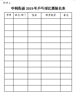 参赛人员请于2019年6月12日前将《中韩街道2019年乒乓球比赛报名表