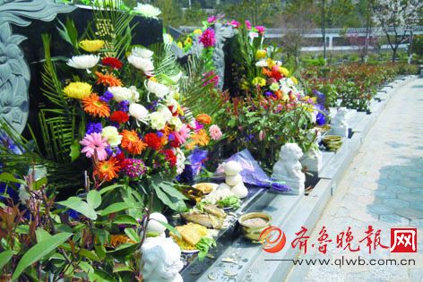 清明节将至,九峰陵公墓一处墓碑前放满花束(图片由青岛市民政局提供)